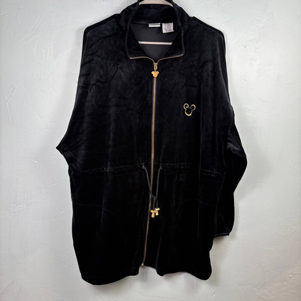 Vintage Disney Black Velvet Zip-Up Jacket with Gold Mickey Mouse Accents